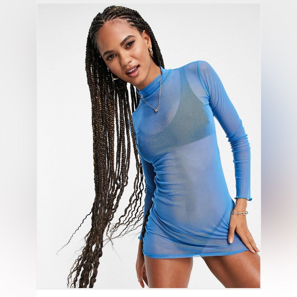 Public Desire mesh beach mini summer dress with lettuce detailing in blue